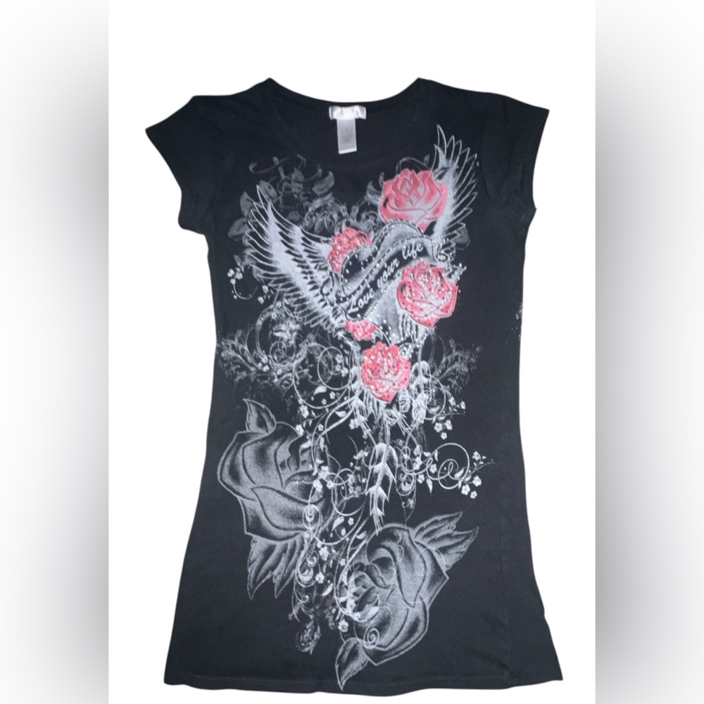 Elegant Black and Pink Floral Graphic Tee